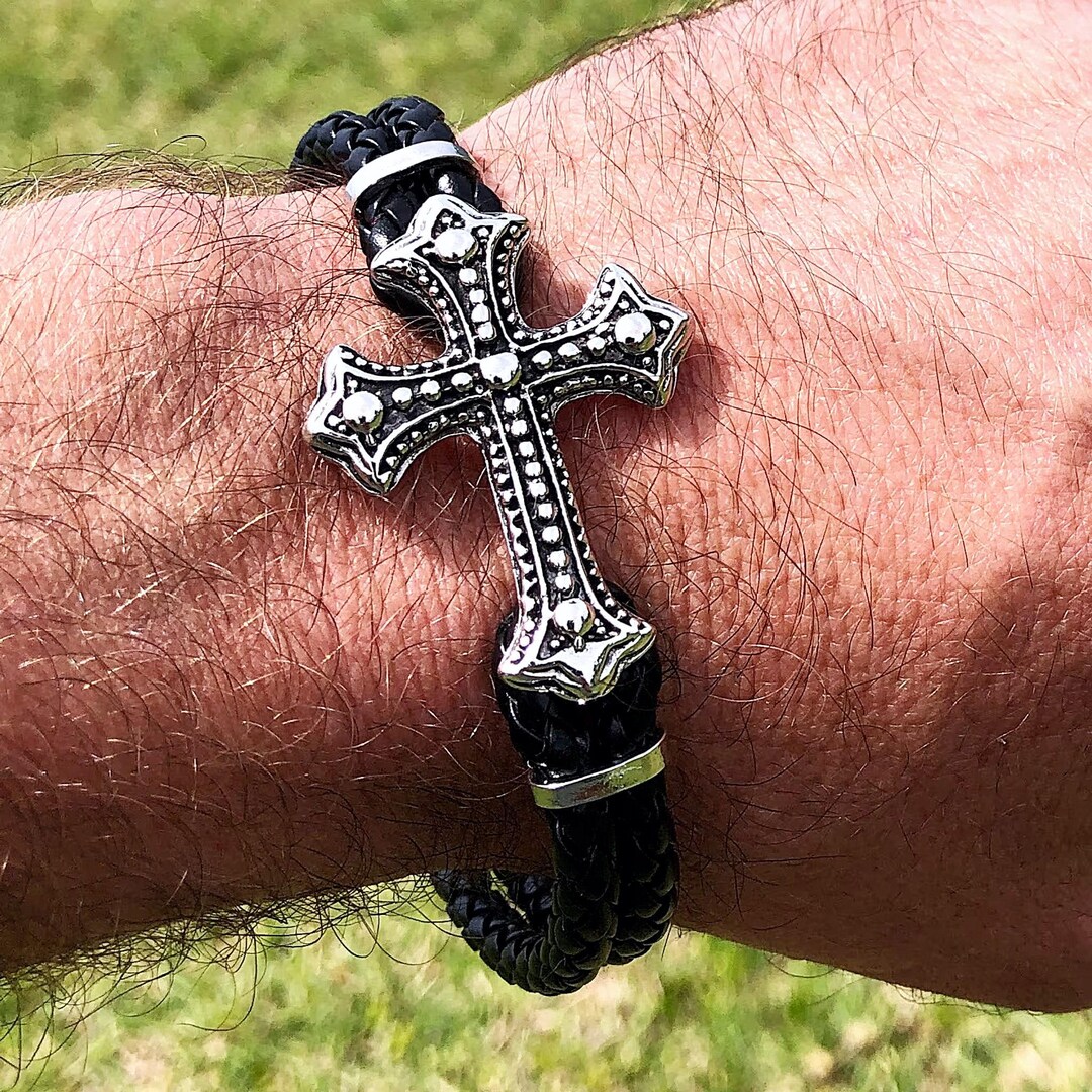 Mens Leather Religious Bracelet Braided Black Leather Cross